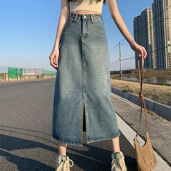 High-Waist Slit Denim Skirt