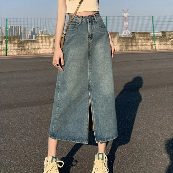 High-Waist Slit Denim Skirt