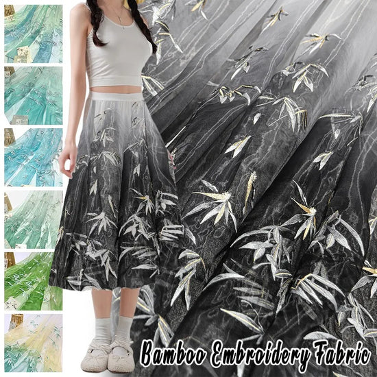 Embroidered Chiffon Fabric with Bamboo Leaf Print