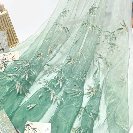 Embroidered Chiffon Fabric with Bamboo Leaf Print