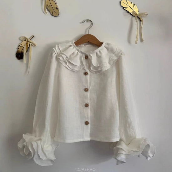 Teen Girls’ French Style Linen Blouse with Layered Lace